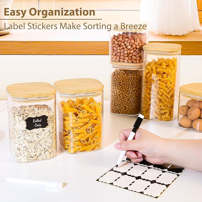 37oz(1.2Qt) Square Glass Storage Containers with Bamboo Lids – 4 Pack Clear Food Airtight Glass Jars for Pantry Organizers and Storage, Kitchen Dry Food, Coffee, Sugar, Flour, Snacks, Spices