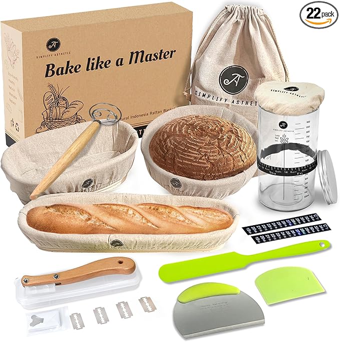 Premium Banneton Bread Proofing Basket - A Complete Sourdough Bread Baking Kit - Bread Baking Supplies - Sourdough Starter Jar Kit