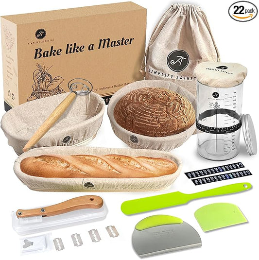 Premium Banneton Bread Proofing Basket - A Complete Sourdough Bread Baking Kit - Bread Baking Supplies - Sourdough Starter Jar Kit