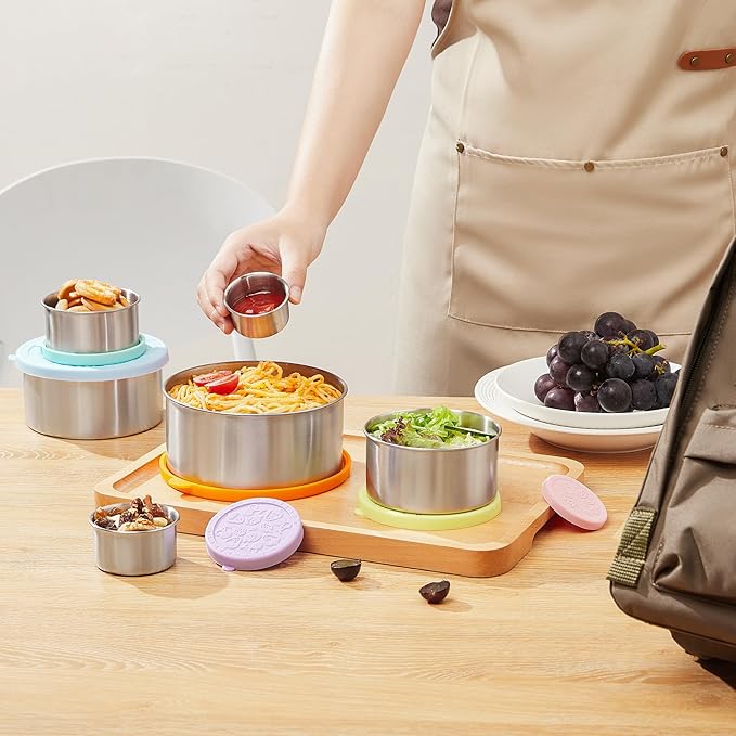 Stainless Steel Food Storage Container, Set of 6, Nesting Bowls with Colorful Lids, stackable leakproof Metal Lunch Box Set for Kids, Daycare, School, Travel. Sauce Salad dressing Container to go