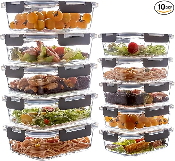 10 Pack Glass Meal Prep Containers with Lids, Reusable Airtight Leakproof Glass Lunch Bento Boxes, Freezer, Microwave Oven and Dishwasher Safe, Gray