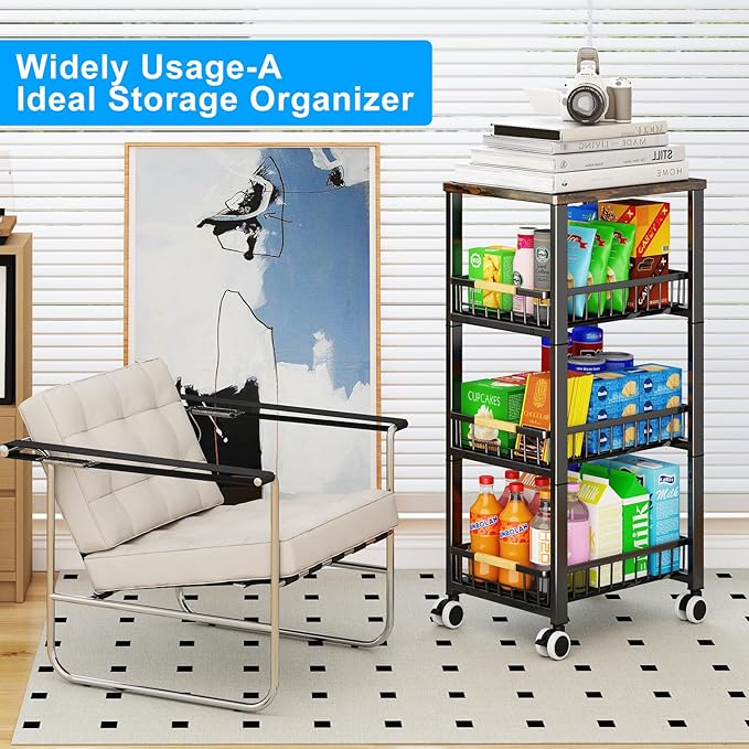 Fruit Vegetable Storage Basket for Kitchen, 4 Tier Large Pull-Out Metal Wire Baskets with 3 Pack Mats Bottom, Wood Top and Wheels, Vegetable Produce Bins Stand Cart Rack for Onions and Potatoes