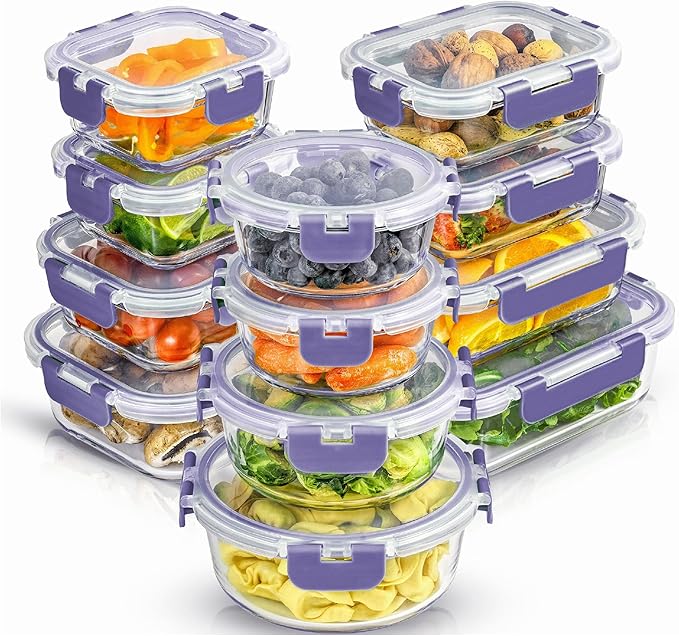 JoyJolt 24pc Borosilicate Glass Storage Containers with Lids | 12 Airtight/Freezer Safe Food Storage Containers for Pantry and Kitchen | Meal Prep Container for Lunch | Glass Tupperware Set