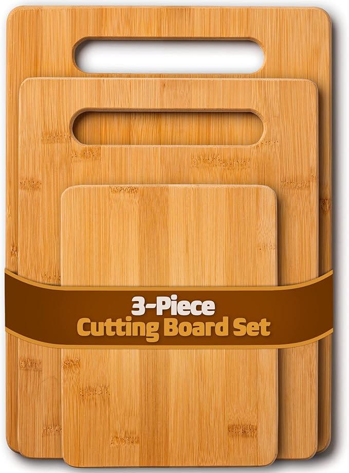 Bamboo Cutting Boards for Kitchen [Set of 3] Wood Cutting Board for Chopping Meat, Vegetables, Fruits, Cheese, Knife Friendly Serving Tray with Handles, 3 Piece Large, Medium, Small Size for Food Prep