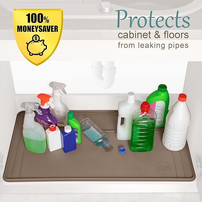 The Original Under Sink Mat - Adjustable Silicone mat, Waterproof Under The Sink Bathroom Vanity Mat - 28" x 19" or smaller