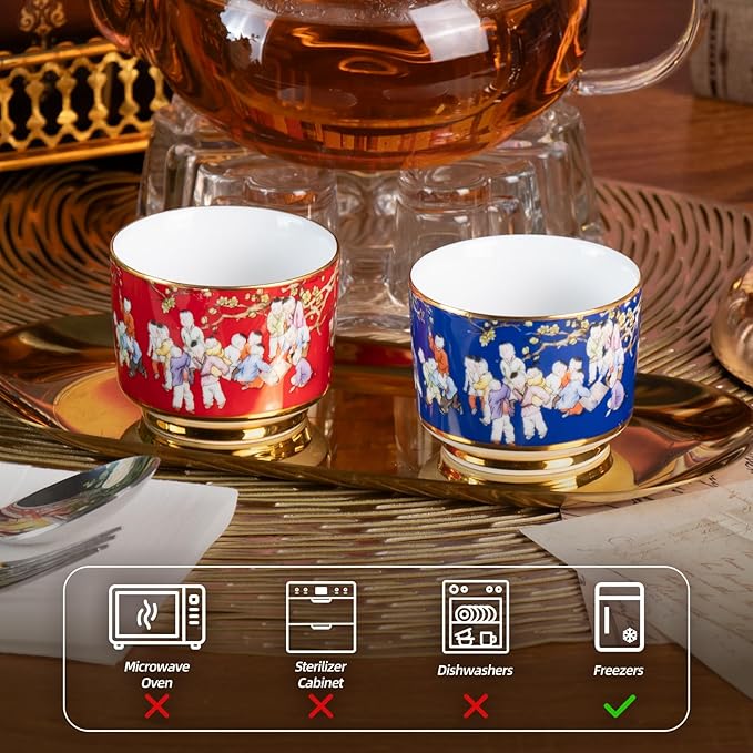 KAMMAK Tea Cups Set of 2, 3.53 Mini Ceramic & Porcelain Tea Mugs - Handleless Vintage, Non-Toxic Handcrafted Cups for Juice, Coffee, Gift(Red+Blue)