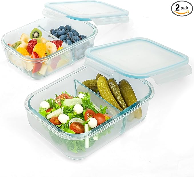 Moss & Stone 4-Pack Divided Kitchen Glass Food Storage Containers Set with Lids – Reusable 2-Compartment Glass Meal Prep Containers for Kitchen, Lunch or Fridge, Airtight Snap-Lock – 2 Sizes Included