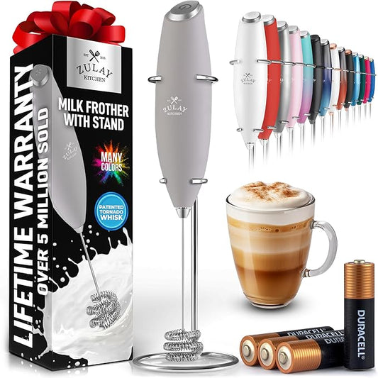 Zulay Kitchen Patented Tornado Triple Whisk Milk Frother with 4 Duracell Batteries – Handheld Foam Maker for Coffee, Lattes, Matcha & Hot Chocolate – Rich, Creamy Froth in Seconds