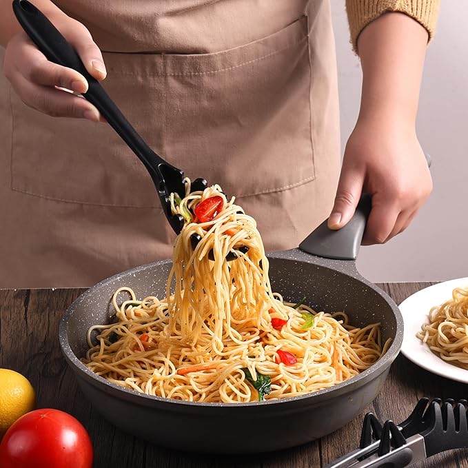 Upgraded Silicone Spaghetti Spoon and Pasta Tong Set – Sturdy Pasta Fork with Teeth, Noodle Spoon Server, and Multi-Purpose Tongs for Cooking and Serving