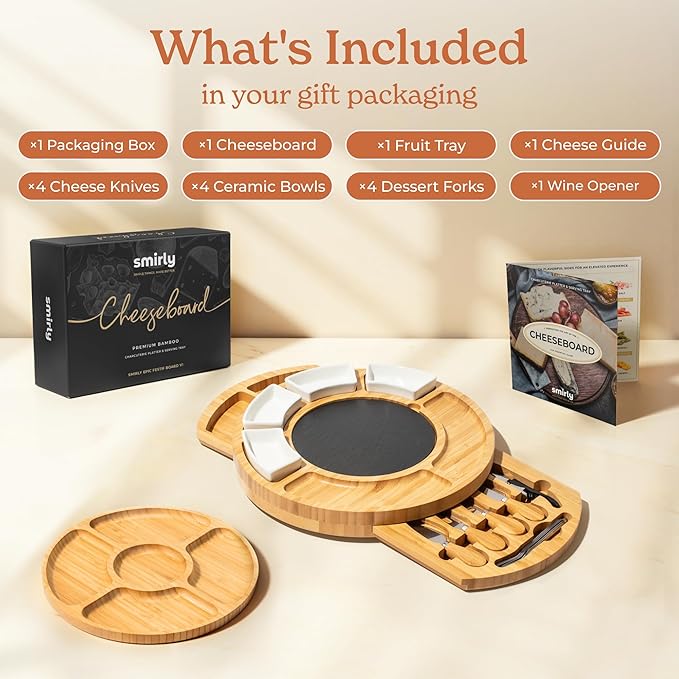 SMIRLY Charcuterie Boards Set - Large Bamboo Cheese Board set - House Warming Gifts New Home, Wedding Gift for Couple, Bridal Shower Gift, Birthday Gifts for Women