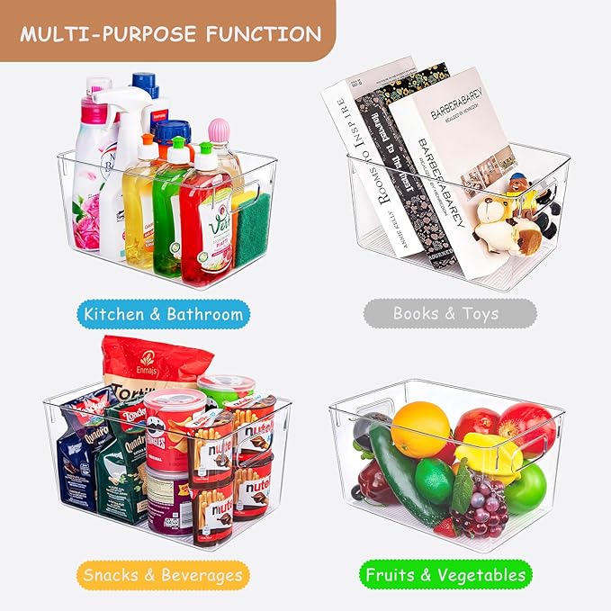 Clear Plastic Storage Bins-6 Pack Large Pantry Organizers and Storage Containers for Kitchen, Bathroom, Under-Sink, Office, Closet, Garage, Freezer and Snack