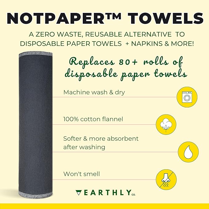 Reusable Paper Towels - 10 Pack - Roll of Washable Cotton Cloth Paper Towels - Paperless Reusable Napkins Cloth Washable - Absorbent + Long Lasting - Zero Waste Products - (Pebble Grey)