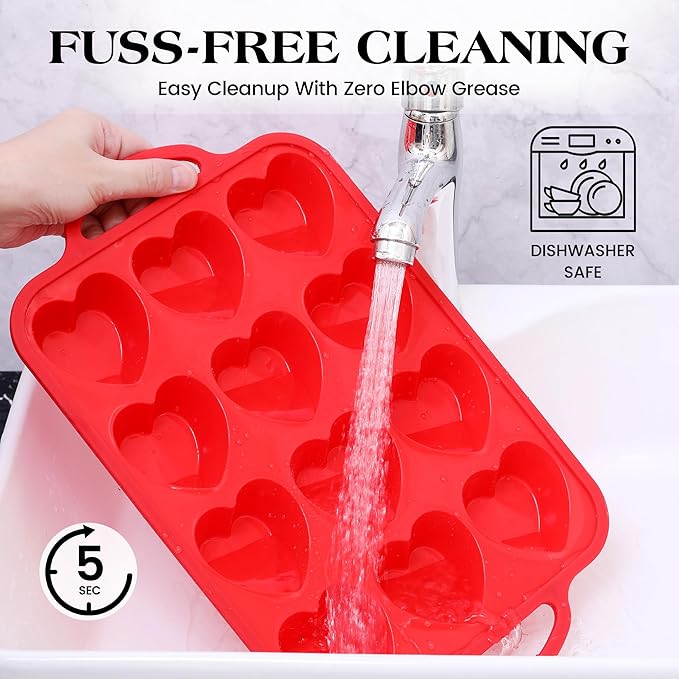 1 Pc Heart Shaped Muffin Pan with Metal Reinforced Frame 12 Cup Nonstick Silicone Heart Cake Mold for Baking 2.5 Inch Cupcake Tray (Red)