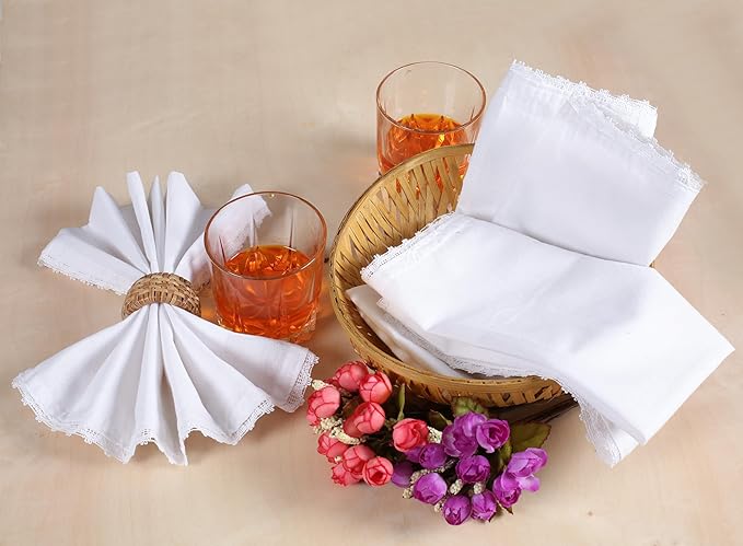 White Cloth Napkins Set of 12 Cotton - 18x18 Inch with Beautiful Lace Soft Elegant Decorative Washable Reusable Dinner Napkin for Dining Table Décor Wedding Party Thanksgiving Birtday and Everyday Use