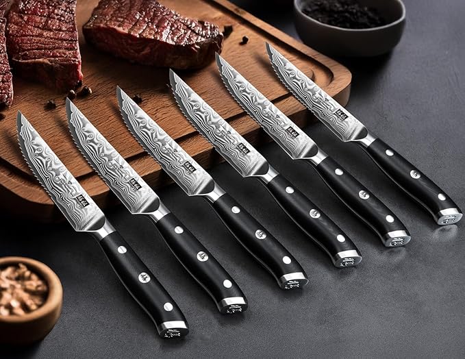 SHAN ZU Steak Knife of 7, 4.5 Inch Damascus Steak Knife Set with Block, Japanese High Carbon Steel Kitchen Serrated Knives Set with Ergonomic G10 Handle and Gift Box