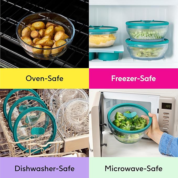 Anyday 2-Pack (4-Cup Deep) Glass Food Storage with Glass Lids | Plastic-Free Meal Prep & Microwave Cookware | Stackable Airtight Storage Container with Vented Lid for Microwave-Safe Reheating