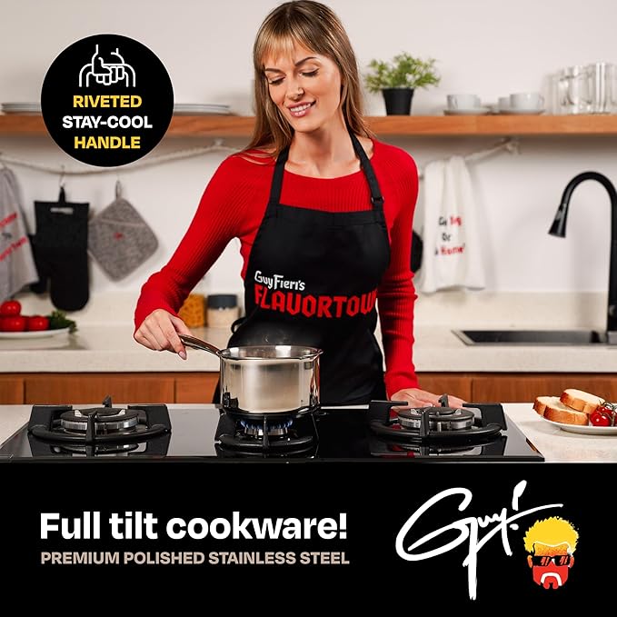 Guy Fieri's Flavortown 3.2-Quart Stainless Steel Sauce Pan with Tempered Glass Lid - Kitchen Cookware with Tri-Ply Base, Oven Safe to 500°F, Dishwasher Friendly, Works with Gas & Induction Cooktops