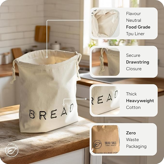 Leafico Reusable Bread Bags – 2 Cotton Storage Bags + 1 Baguette Bag with Food Safe TPU Liner – For Homemade Bread, Sourdough, Artisan Loaves – Freezer Safe & Washable Plastic Alternative