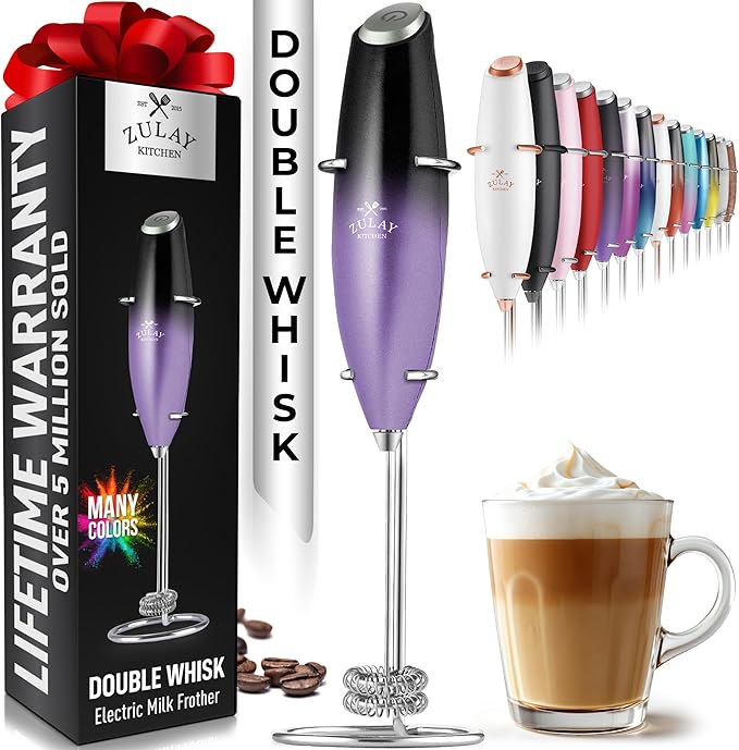 Zulay Kitchen Powerful Double Whisk Milk Frother Handheld - Foam Maker With Stand - Whisk Drink Mixer for Coffee, Mini Foamer for Latte, Matcha, Frappe, Hot Chocolate & Cappuccino (Galaxy)