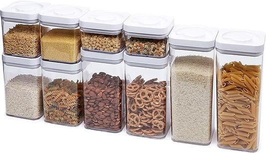 Amazon Basics Airtight Food Storage Containers, BPA Free, with Twist/Turn Lids, for Kitchen Pantry Organization, 10-Piece Square Set, Clear Plastic