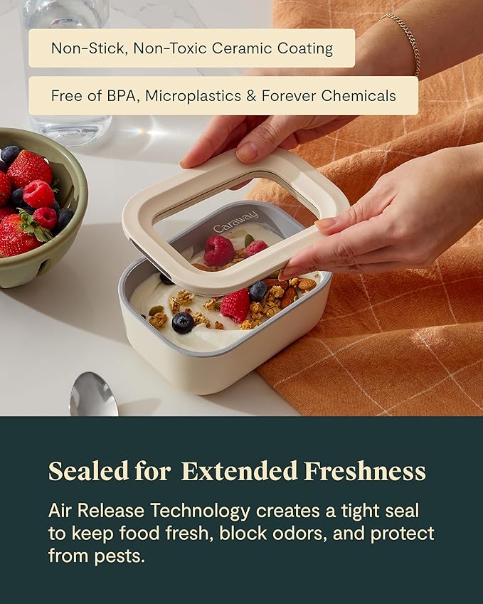 Caraway 2pc Glass Food Storage Set - 2.6 Cup Food Containers (2) - Non-Toxic Ceramic-Coated Glass - Air Release Technology - Compact & Stackable Design - Gray