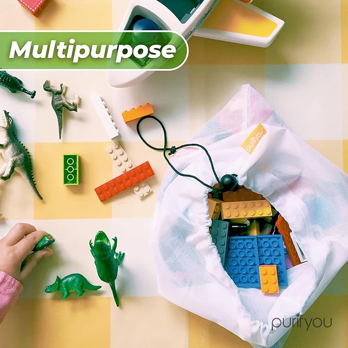 purifyou Set of 9 Reusable Produce Bags, Heavy Duty Washable Mesh Grocery Bag with Drawstring, Ideal for Farmers Market, Beach, and Refrigerator Storage (Extra Large, Large, Small)