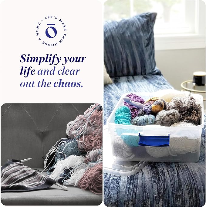 HOMZ 4-Pack Latching Lid, Small Clear Plastic Storage Bins w/ Lids, 15.5 Quart, Blue Latch - Stackable Container Boxes for Home, Bathroom, and Office Organization