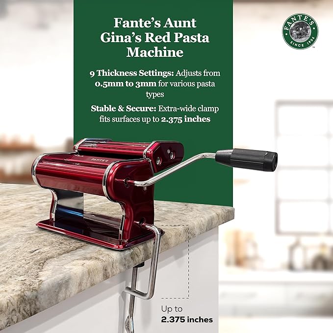 Fante's Red Pasta Machine With Double Pasta Cutter For Spaghetti And Fettuccine, For Rolling Uniform Pasta Sheets And Creating Consistent Homemade Noodles
