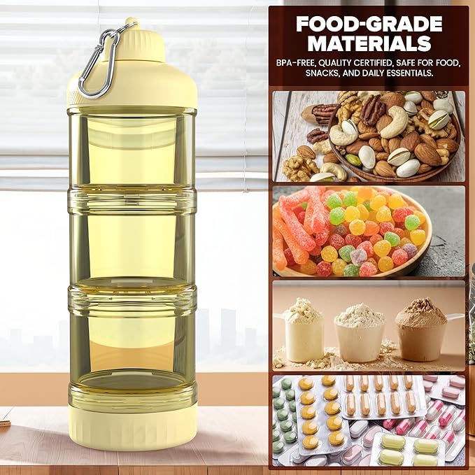 BYLWORKOUT 3-Layer Protein Powder Travel Container with Funnel and Keychain | Portable Food Storage Organizer for Gym, Fitness, Kitchen, Camping, Hiking, and Travel (Yellow)