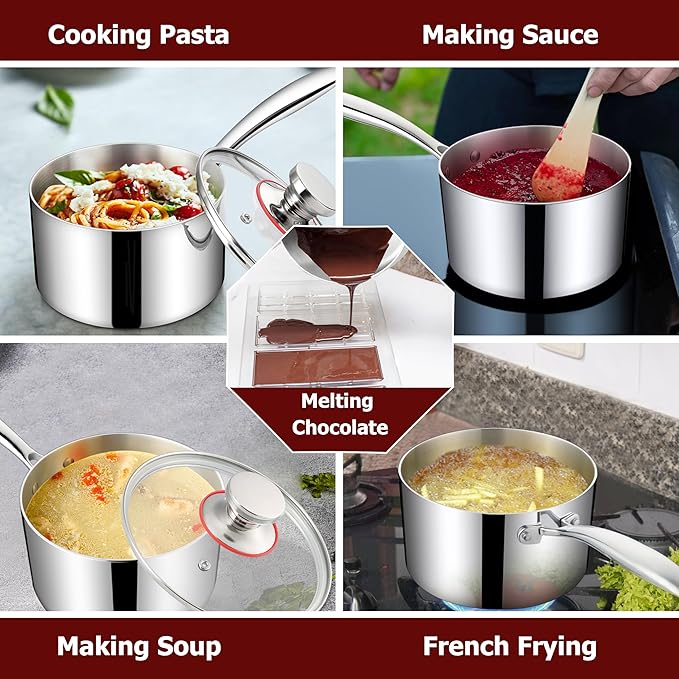 Homikit 1 Quart Saucepan, Tri-Ply Stainless Steel Sauce Pan with Lid, 1QT Small Induction Cooking Pot with Ergonomic Handle, Small Pan for Making Sauce, Warming Milk, Boiling Eggs, Dishwasher Safe