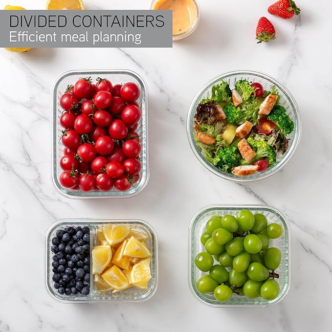 COOK WITH COLOR Premium 32-Pc. Borosilicate Glass Food Container Set with Dividers - 4 Rectangles, 8 Rounds, 4 Squares - Leakproof Lids - Meal Prep, Storage, Fluted Ombre Grey