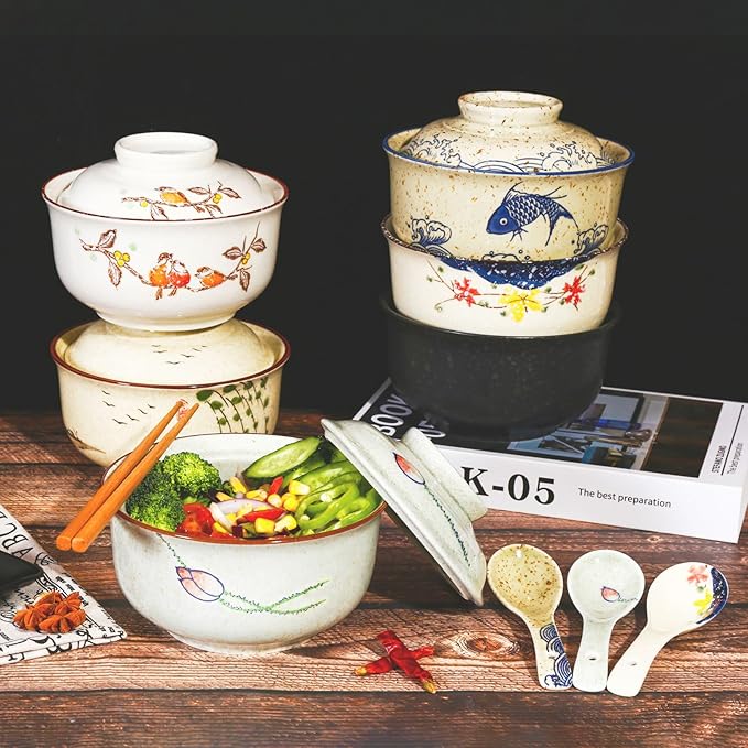 Ceramic Ramen Bowl Set, 800ml, with Lid, Spoon and Chopsticks, Japanese Vintage Large Soup Bowls Instant Noodle Bowl Asian Tableware (Bird*1)