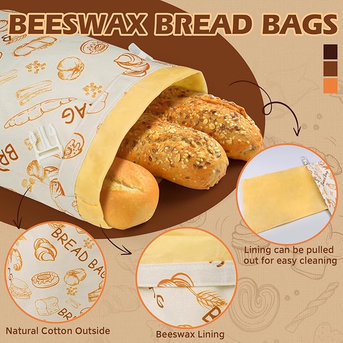 Sourdough Bread Bags for Homemade Bread, 2-Pack XL Reusable Beeswax Sourdough Storage Bags, Suitable for Keep Breads Fresh in Home Kitchens and Bakeries, 17” x 12”