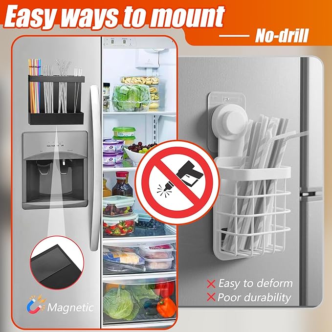 Magnetic Straw Organizer for Cabinet Door – Carbon Steel Straw Holder with Drain Holes, 4-Compartment Utensil Storage Rack for Reusable Straws, Spoons, and Coffee Bar Accessories