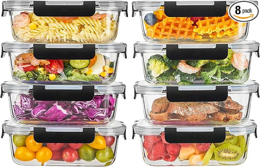 Liuruiyu 8 Pack 36OZ Glass Food Storage Containers with Lids, Meal Prep Containers, Airtight Bento Boxes with Leak Proof Locking for Microwave, Oven, Freezer and Dishwasher, BPA Free