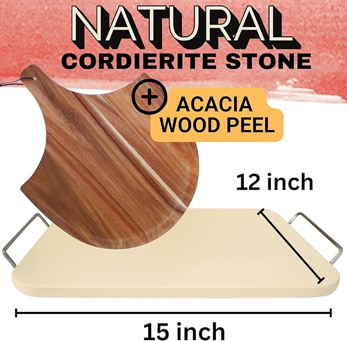 Pizza Stones for Oven - Pizza Stone for Grill with Handles, Wooden Peel and Dough Cutter - 15 inch x 12 inch Grilling Stones - Baking Stone for Bread - Pizza Making Set