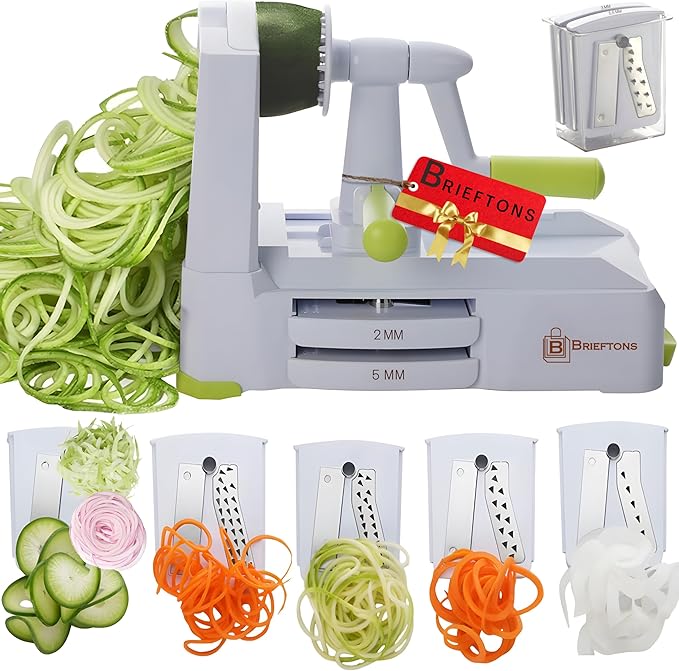 Brieftons 5-Blade Vegetable Spiralizer: Strongest-Heaviest Spiral Slicer, Best Veggie Pasta Spaghetti Maker for Low Carb/Paleo/Gluten-Free/Vegan Meals, With Extra Blade Caddy, 4 Recipe Ebooks