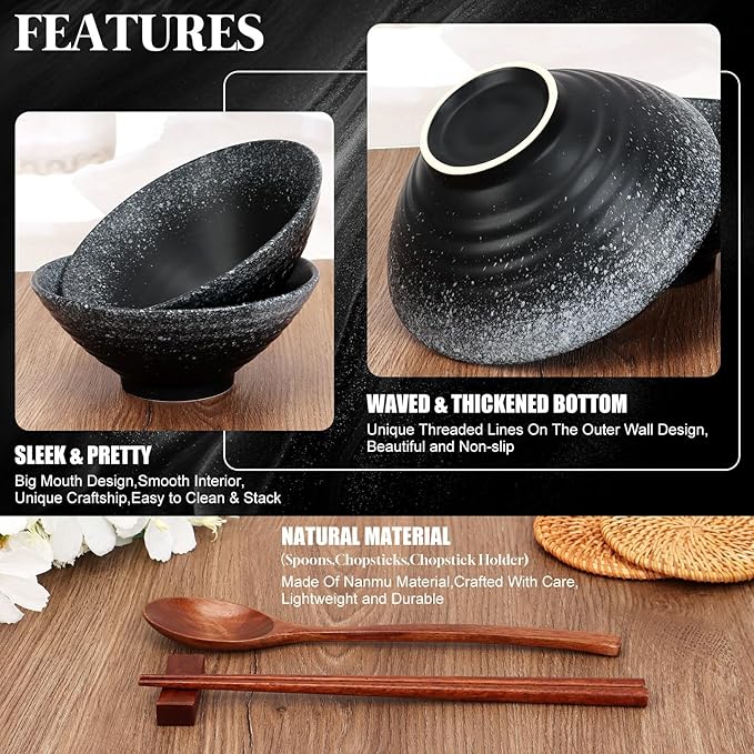 8 Inch Japanese Ramen Bowl Set, Ceramic Pho Bowls and Spoons Set of 2 with Chopsticks and Spoon for Ramen Soup Pho Udon Asian Noodles, Black