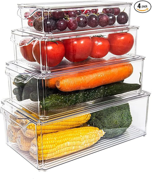 Taiuloo Set of 4 Fridge Organizer, Stackable Refrigerator Organizer Bins with Lids, Kitchen Pantry Cabinet Organization, BPA-Free Clear Food Storage Containers for Fruit, Vegetable, Cereal, Produce