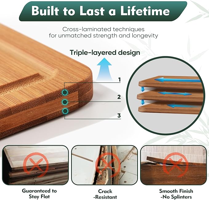 Bamboo Cutting Board, Non Slip Wood Cutting Boards for Kitchen 3 Packs Holder and Over Sink Nice Solid Thick Durable Cutting Boards for Kitchen Large Small Vegetables Fruits Kitchen Gifts (Carbonized)