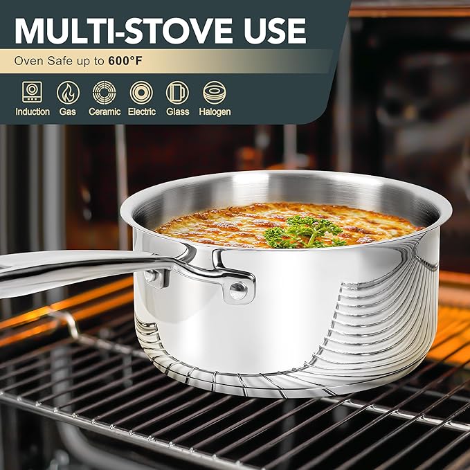 MICHELANGELO Stainless Steel Saucepan Set with Lid, Premium Triply Stainless Steel Sauce Pan with Cool Handle, Nonstick Sauce Pot Set for Kitchen Cooking, Induction Compatible, 1QT & 2QT & 3QT