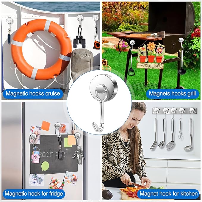 LOVIMAG Hooks, 80lbs+ Magnetic Magnet Hook 2025 Cruise Cabin Ship Essentials Heavy Duty Strong Refrigerator Fridge Hanging for Classroom Beach Vacation Kitchen Grills Home Mug Hanger (6 Pack), Silver