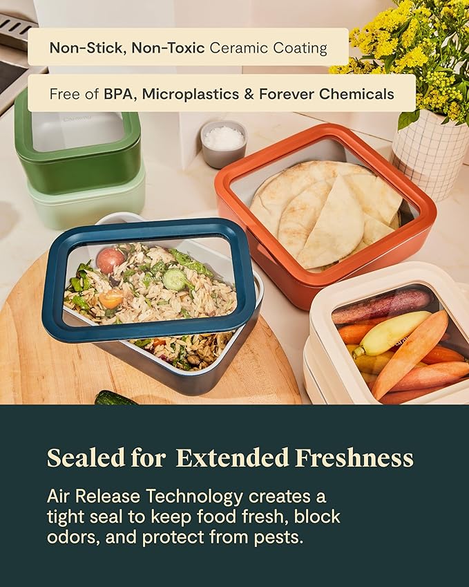 Caraway 25pc Glass Food Storage Set - Storage Containers for Food - Non-Toxic Ceramic-Coated Glass - Air Release Technology - Compact & Stackable Design - Sage