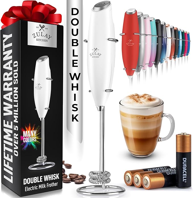 Zulay Kitchen Whisk Milk Frother with 4 Duracell Batteries - Powerful Handheld Foam Maker for Coffee, Lattes, Matcha, Hot Chocolate & Cappuccinos - Whip Creamy Froth in Seconds