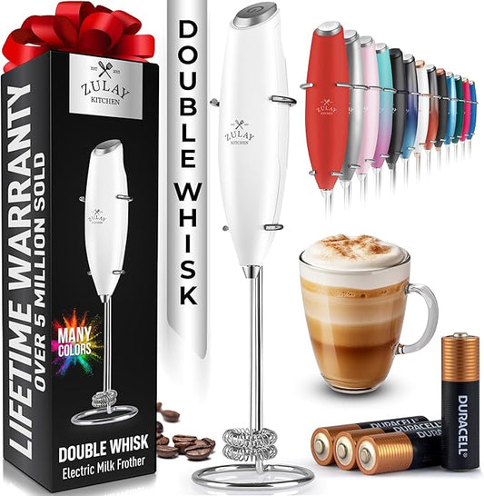 Zulay Kitchen Whisk Milk Frother with 4 Duracell Batteries - Powerful Handheld Foam Maker for Coffee, Lattes, Matcha, Hot Chocolate & Cappuccinos - Whip Creamy Froth in Seconds