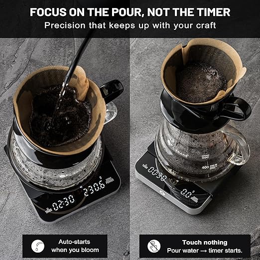 KitchenTour CaféMetric Coffee Scale with timer 0.1g/2000g - Precision Scale for Espresso & Pour over - Water flow Speed Mode and Coffee powder-to-liquid ratio Mode - Rechargeable, LCD Display - Silver