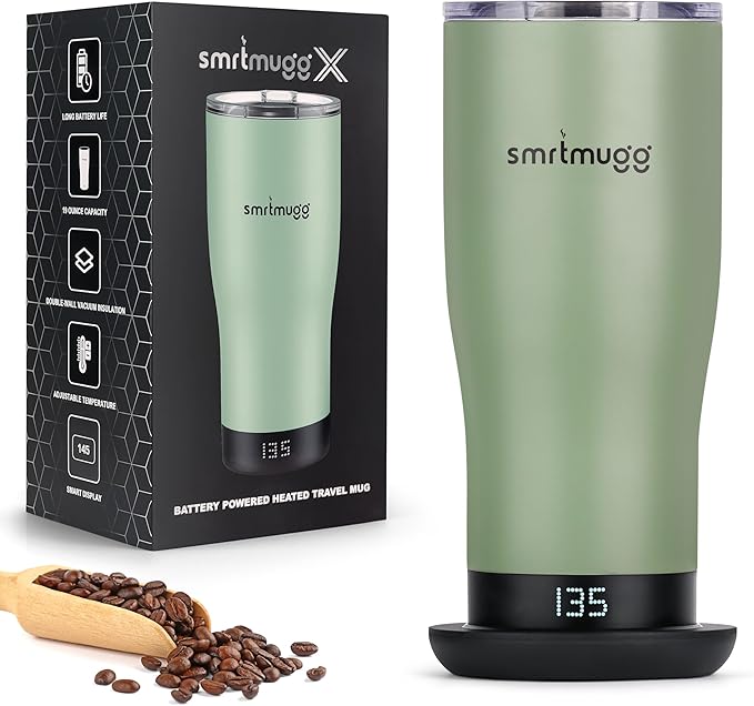 X Heated Coffee Mug 19 oz., 8 Hour Battery Life, Self-Heating, Adjustable Temp Controlled, LCD Screen, Includes Cover with Magnetic Slider (Black) (Sage Green)