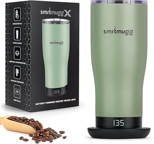 X Heated Coffee Mug 19 oz., 8 Hour Battery Life, Self-Heating, Adjustable Temp Controlled, LCD Screen, Includes Cover with Magnetic Slider (Black) (Sage Green)