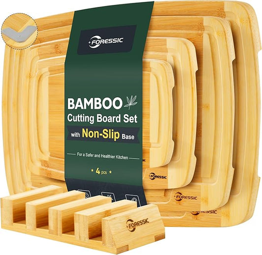 Bamboo Cutting Board Natural Bamboo Set With Smooth Surface 4 Packs with Non Slip Feet Holder and Over Sink Solid Thick Durable Wood Charcuterie Serving Tray Meat, Fruit, Vegetables & Cheese