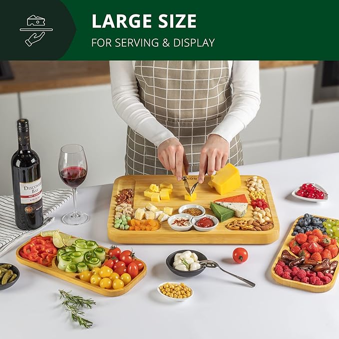 ROYAL CRAFT WOOD Bamboo Cheese Board and Knife Set with Charcuterie Board & Serving Tray with Appetizer Plates & Side Trays (17.5 x 13)